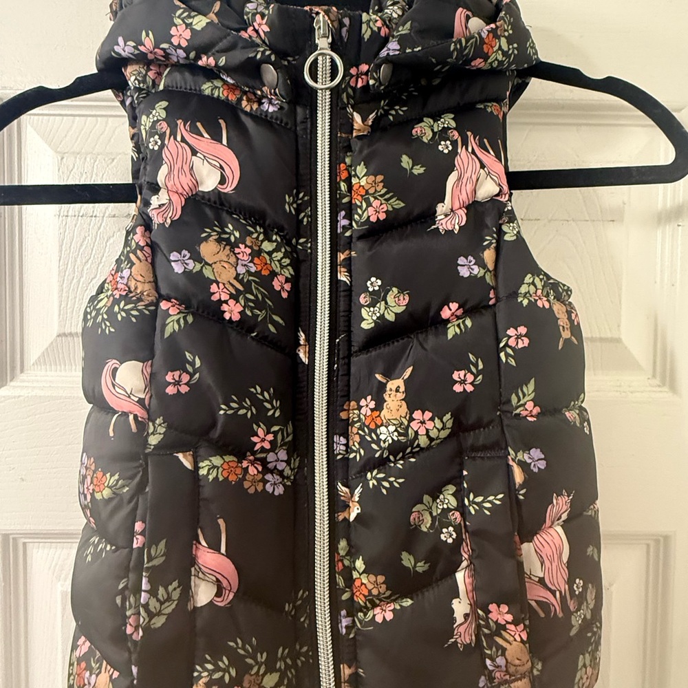 H&M Kids Floral Unicorn & Bunny Puffer Vest with Hood - Black & Pink